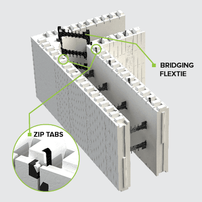 Element’s connecting zip tabs and bridging flexties means less hooks and zipties needed throughout the wall generally, than are required by other ICFs.