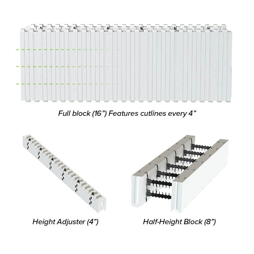 Diagram featuring Full Block, Half-Height and Height Adjuster blocks.