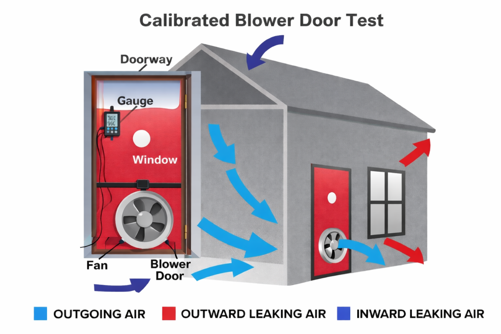 Calibrated blower door testing verifies the airtight performance of the building envelope—turning careful detailing into measurable results.