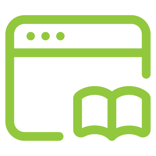 Green browser window icon with an open book, representing online learning.