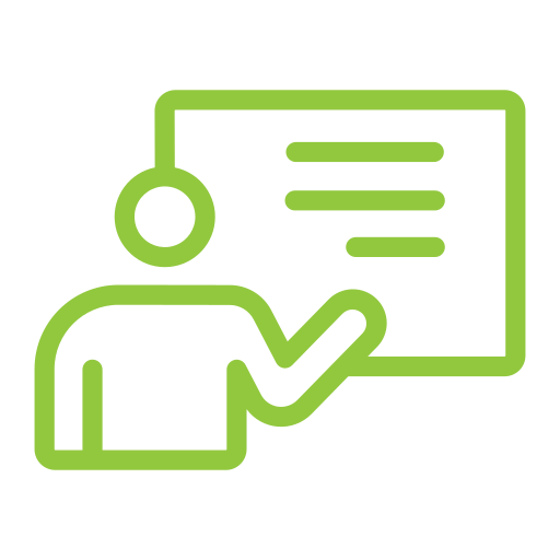 Green outline icon of a person pointing at a presentation board, representing teaching or presenting info